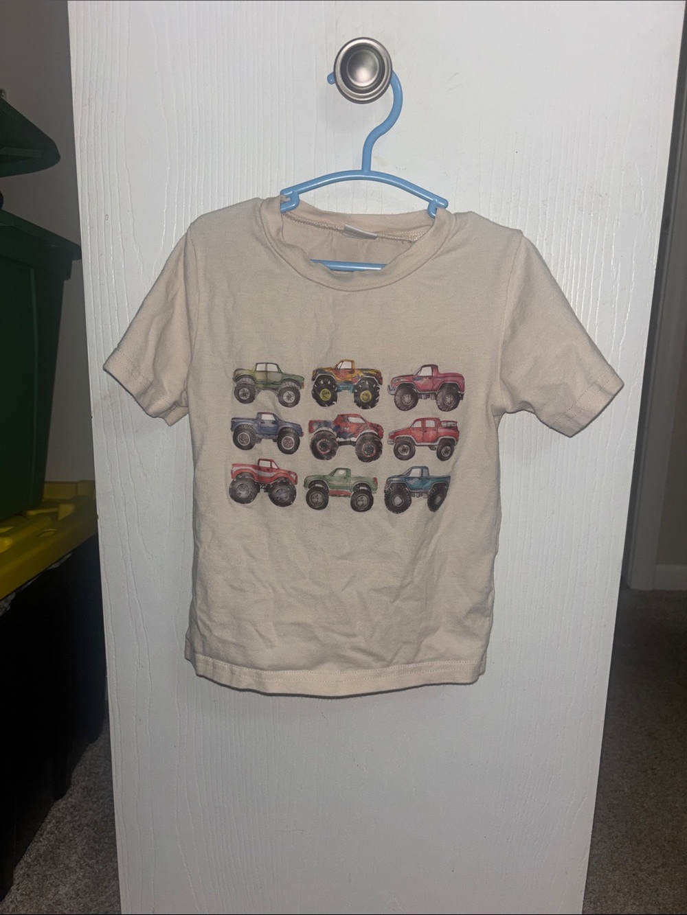 Kids Beige Short-Sleeve Tee with Monster Truck Print